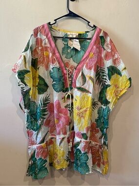 Z&L Women’s Tropical Floral V-Neck Lace-Up Tie Short Sleeve Tunic Top S